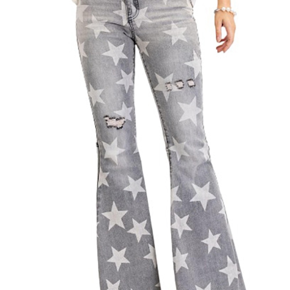 Easel Gray Star Patchwork Flare Jeans - image 2